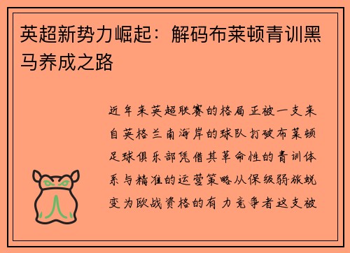 英超新势力崛起：解码布莱顿青训黑马养成之路