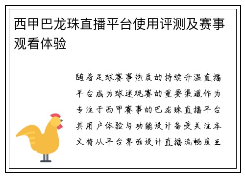 西甲巴龙珠直播平台使用评测及赛事观看体验